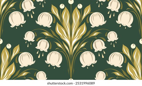 Vector seamless pattern with bouquets of lilies of the valley with tracery ornament. Texture with decorative ornate floral arrangement. Surface design with spring flowers for wallpaper and fabric