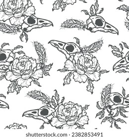 
Vector Seamless Pattern with Bouquets of Raven Bird Skulls, Rose Flowers, Leaves and Feathers. The Day of the Dead, Halloween or Gothic and Mystic Design. Black and white background