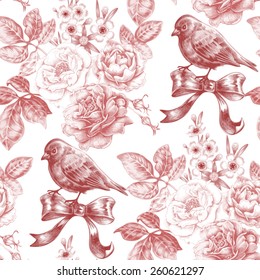 Vector seamless pattern with bouquets of roses, birds and bows. Design for fabrics, textiles, paper, wallpaper, web. Floral ornament. Victorian style. Vintage.