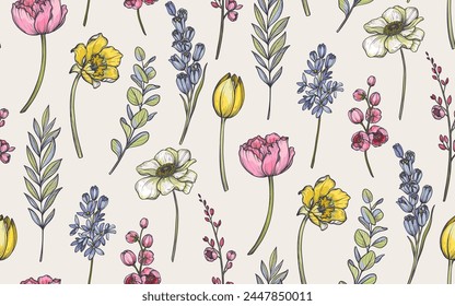 Vector seamless pattern with bouquets of spring flowers, tulips, anemones, leaves and branches. Endless floral background.