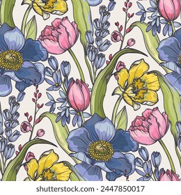 Vector seamless pattern with bouquets of spring flowers, tulips, anemones, leaves and branches. Endless floral background.