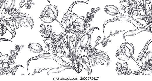 Vector seamless pattern with bouquets of spring flowers, tulips, anemones, leaves and branches. Endless floral background.