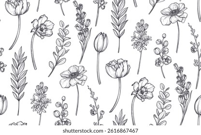 Vector seamless pattern with bouquets of spring flowers, tulips, anemones, leaves and branches. Endless floral background.