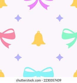 Vector seamless pattern of bow, bell and stars for wrapping, postcards, textile. Christmas, New Year and winter concept 