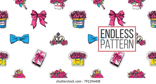 Vector seamless pattern with bow tie, bows, gift box, luxury queen crown, rose boutonniere, bouquet of roses, flower box, flowers bag. Fashion illustration, patches, stickers. Hand drawn background