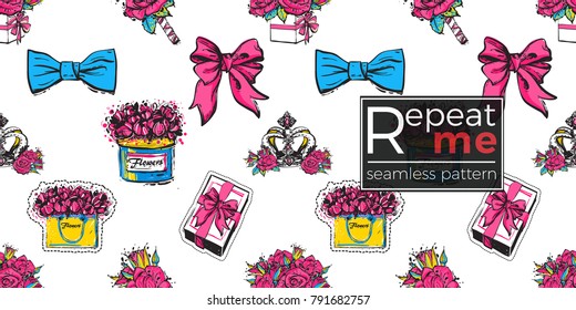 Vector seamless pattern with bow tie, bows, gift box, luxury queen crown, rose boutonniere, bouquet of roses, flower box, flowers bag. Fashion illustration, patches, stickers. Hand drawn background