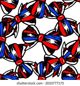 Vector seamless pattern of a bow tied from a three-color ribbon of red, blue and white colors. a doodle-style bow tie pattern often placed on a white background for a design template