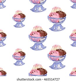 Vector seamless pattern with bowl ice cream dessert. Beautiful background for party, greeting paper card or banner. Hand drawn fashion sketch style. Objects on white backdrop.