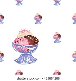 Vector seamless pattern with bowl ice cream dessert. Beautiful background for party, greeting paper card or banner. Hand drawn fashion sketch style. Objects on white backdrop.