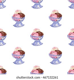 Vector seamless pattern with bowl ice cream dessert. Beautiful background for party, greeting paper card or banner. Hand drawn fashion sketch style. Objects on white backdrop.