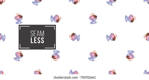 Vector seamless pattern with bowl ice cream dessert. Beautiful background for party, greeting paper card or banner. Hand drawn fashion sketch style. Objects on white backdrop.