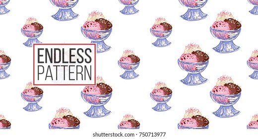 Vector seamless pattern with bowl ice cream dessert. Beautiful background for party, greeting paper card or banner. Hand drawn fashion sketch style. Objects on white backdrop.