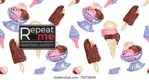Vector seamless pattern with bowl ice cream dessert, swirl cones, chocolate popsicle on stick. Beautiful background for party, greeting card or banner.