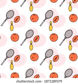 Vector seamless pattern with bowling ball, pin, tennis racket, football rugby ball. Sports theme. Game, hobby, entertainment. Sports equipment. Healthy lifestyle. Design for wrapping, fabric or print