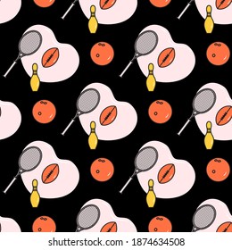 Vector seamless pattern with bowling ball, pin, tennis racket, football rugby ball. Sports theme. Game, hobby, entertainment. Sports equipment. Healthy lifestyle. Design for wrapping, fabric or print