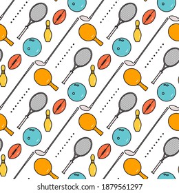 Vector seamless pattern Bowling ball, pin, ping pong, tennis racket, football rugby ball, golf putter Sports theme Game, hobby entertainment Sports equipment Healthy lifestyle Design for fabric, print