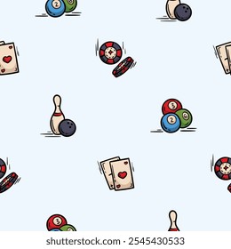 Vector seamless pattern with bowling balls, casino chips, cards and billiards. Hand drawn background related to board games, leisure, sports and hobbies. Set of icons, signs and symbols