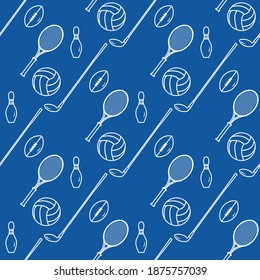 Vector seamless pattern with bowling pin, tennis racket, football, rugby ball, golf putter. Sports theme. Game, hobby, entertainment. Sports equipment. Design for wrapping, fabric or print.