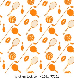 Vector seamless pattern Bowling pin, ping pong, tennis racket, football, rugby ball, golf putter Sports theme Game, hobby, entertainment Sports equipment Healthy lifestyle Design for fabric, print