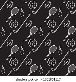 Vector seamless pattern with bowling pin, tennis racket, football, rugby ball, golf putter. Sports theme. Game, hobby, entertainment. Sports equipment. Design for wrapping, fabric or print.