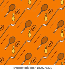 Vector seamless pattern with bowling pin, tennis racket, rugby ball, golf putter. Sports theme. Game, hobby, entertainment. Sports equipment. Design for wrapping, fabric or print.