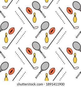 Vector seamless pattern with bowling pin, tennis racket, rugby ball, golf putter. Sports theme. Game, hobby, entertainment. Sports equipment. Design for wrapping, fabric or print.