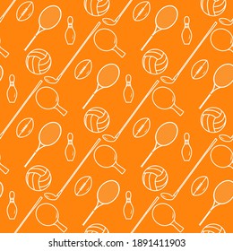 Vector seamless pattern Bowling pin, ping pong, tennis racket, football, rugby ball, golf putter Sports theme Game, hobby, entertainment Sports equipment Healthy lifestyle Design for fabric, print