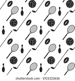 Vector seamless pattern with bowling pin, tennis racket, football, rugby ball, golf putter. Sports theme. Game, hobby, entertainment. Sports equipment. Design for wrapping, fabric or print.
