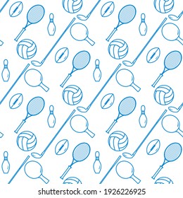 Vector seamless pattern Bowling pin, ping pong, tennis racket, football, rugby ball, golf putter Sports theme Game, hobby, entertainment Sports equipment Healthy lifestyle Design for fabric, print