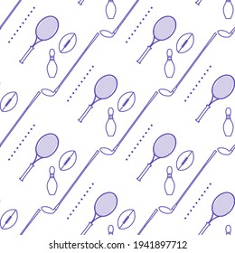 Vector seamless pattern with bowling pin, tennis racket, rugby ball, golf putter. Sports theme. Game, hobby, entertainment. Sports equipment. Design for wrapping, fabric or print.