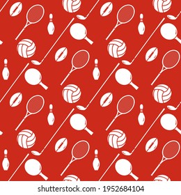 Vector seamless pattern Bowling pin, ping pong, tennis racket, football, rugby ball, golf putter Sports theme Game, hobby, entertainment Sports equipment Healthy lifestyle Design for fabric, print