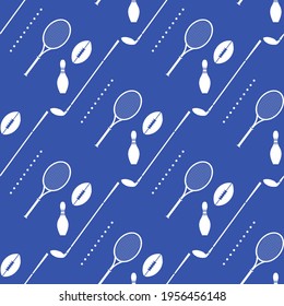 Vector seamless pattern with bowling pin, tennis racket, rugby ball, golf putter. Sports theme. Game, hobby, entertainment. Sports equipment. Design for wrapping, fabric or print.