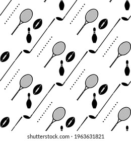 Vector seamless pattern with bowling pin, tennis racket, rugby ball, golf putter. Sports theme. Game, hobby, entertainment. Sports equipment. Design for wrapping, fabric or print.