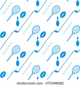Vector seamless pattern with bowling pin, tennis racket, rugby ball, golf putter. Sports theme. Game, hobby, entertainment. Sports equipment. Design for wrapping, fabric or print.