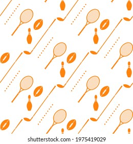 Vector seamless pattern with bowling pin, tennis racket, rugby ball, golf putter. Sports theme. Game, hobby, entertainment. Sports equipment. Design for wrapping, fabric or print.