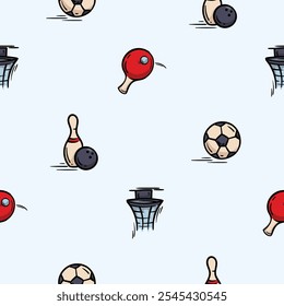 Vector seamless pattern with bowling pins, ping pong, ball and basketball basket. Hand drawn background related to board games, leisure, sports and hobbies. Set of icons, signs and symbols