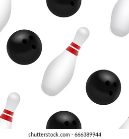 Vector seamless pattern of bowling skittles and balls on the white background for decoration, gift wrapping paper and covering.