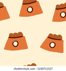 Vector seamless pattern with bowls filled with dog food on beige background. Dog food pattern.