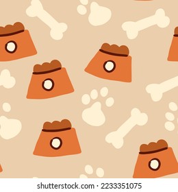 Vector seamless pattern with bowls filled with dog food on beige background. Dog food pattern.