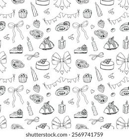 Vector seamless pattern with bows, cakes, fruit, drinks, candles and decor doodles. Hand drawn party background, coquette, contemporary, modern.