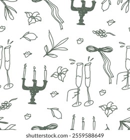 Vector seamless pattern with bows, candle and wine. Abstract background, sketch. design for restaurant or cafe menu with drawn doodle vintage elements