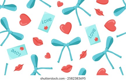 Vector seamless pattern of bows, cards and hearts. Colored image for wallpaper, packaging and banner for Valentine's Day or wedding. Horizontal banner with bow, heart and lips