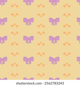 Vector seamless pattern with bows and flowers in pink and yellow. Ribbon decoration pattern for paper, textile, handmade decoration, scrap-booking, polygraphy, t-shirt, cards.