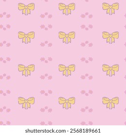 Vector seamless pattern with bows and flowers in pink and yellow. Ribbon decoration pattern for paper, textile, handmade decoration, scrap-booking, polygraphy, t-shirt, cards.