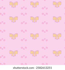 Vector seamless pattern with bows and flowers in pink and yellow. Ribbon decoration pattern for paper, textile, handmade decoration, scrap-booking, polygraphy, t-shirt, cards.