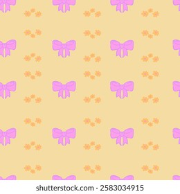 Vector seamless pattern with bows and flowers in pink and yellow. Ribbon decoration pattern for paper, textile, handmade decoration, scrap-booking, polygraphy, t-shirt, cards.