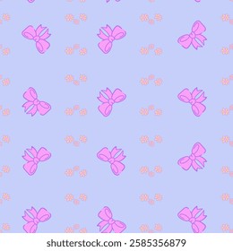 Vector seamless pattern with bows and flowers in pink and blue. Ribbon decoration pattern for paper, textile, handmade decoration, scrap-booking, polygraphy, t-shirt, cards.