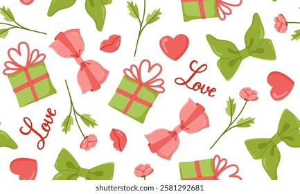 Vector seamless pattern of bows, gifts and hearts. Colored image for wallpaper, packaging and banner for Valentine's Day or wedding. Horizontal banner with bow, gift, heart and flower