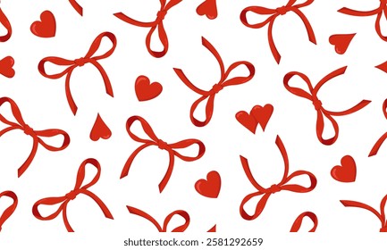 Vector seamless pattern of bows and hearts. Image for wallpaper, packaging and banner for Valentine's Day. Horizontal banner with red bow and heart