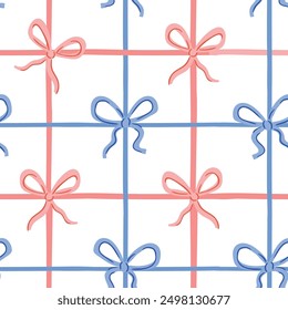 Vector seamless pattern with bows  on a checkered background. Bright and cute bows on the white background. Festive seamless design for Christmas, Birthday or Valentines gift wrapping paper